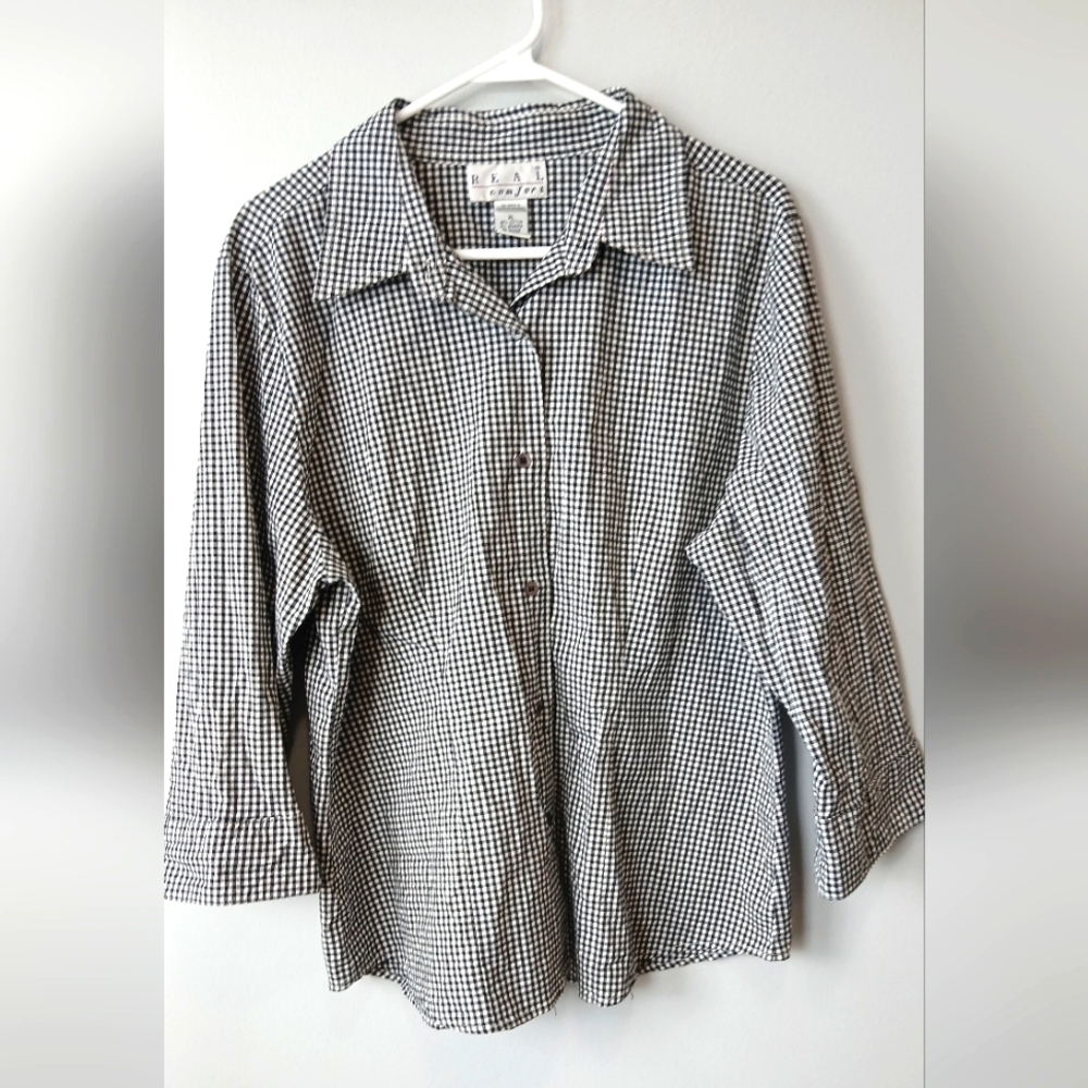 Real Comfort Black & White Gingham Button Down Shirt Woman's XL Office Casual